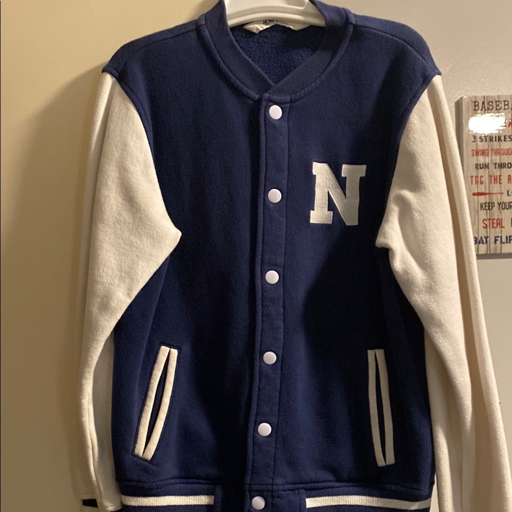 H&M Blue and White Varsity Jacket with Ribbed Cuffs